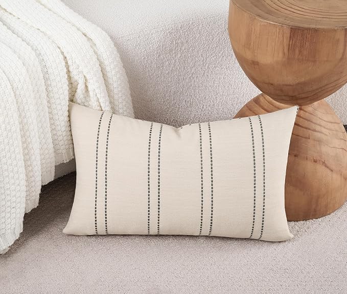 Striped Lumbar Throw Pillow Covers 12x20 Inch Set of 2 Linen Farmhouse Boho - Image 4