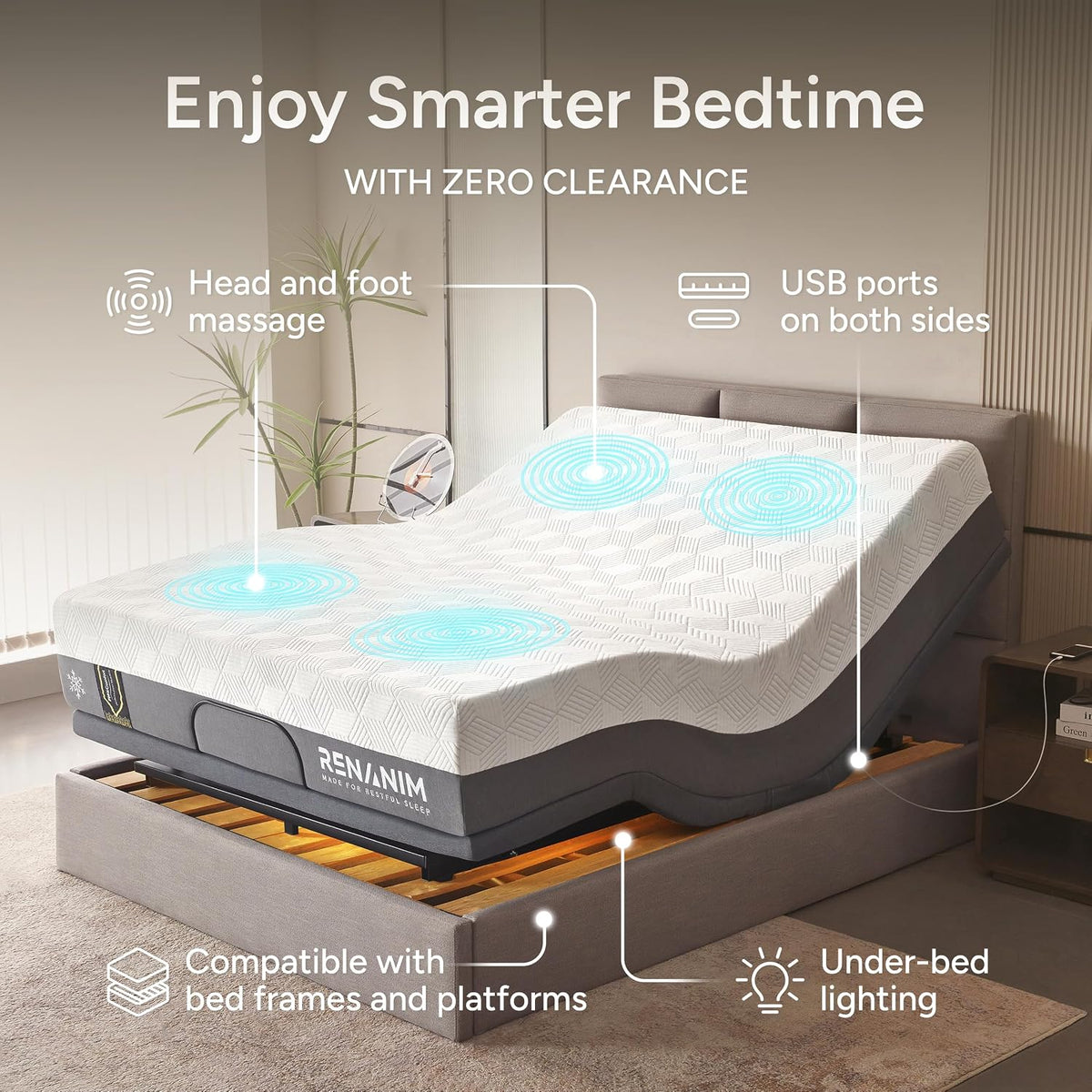 sfe split king adjustable bed frame with mattress showing dimensions