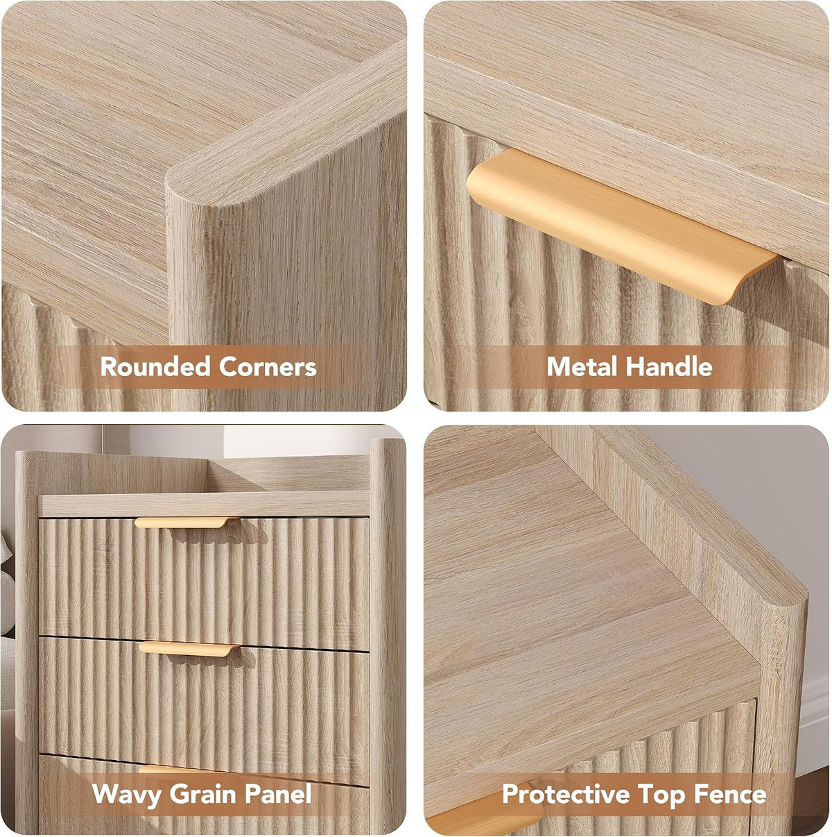 25.9" fluted nightstand with charging station, large bedside showing dimensions