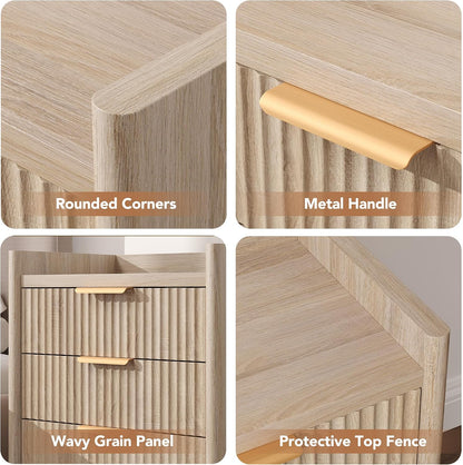 25.9" fluted nightstand with charging station, large bedside showing dimensions