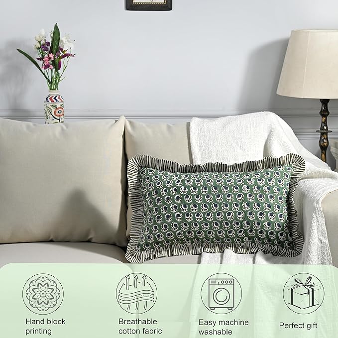 Ridhi Basil Green 100% Cotton Block Print Ruffle Lumbar Sham Cover Handmade - Image 3