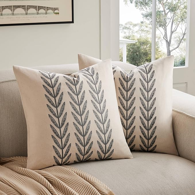100% Cotton Farmhouse Leaves Throw Pillow Covers Set of 2, 24x24 Inch Black by Unknown