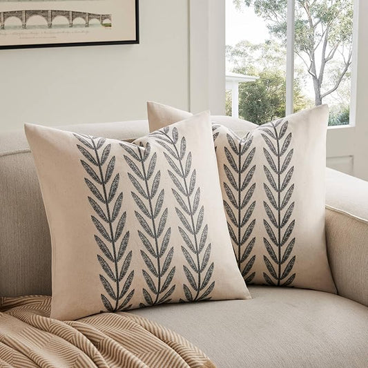 100% Cotton Farmhouse Leaves Throw Pillow Covers Set of 2, 18x18 Inch Black by Unknown