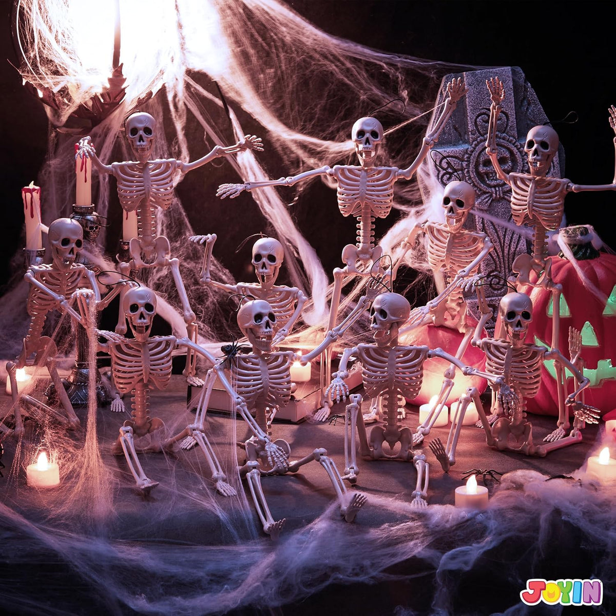 JOYIN 10 PCS 16" Halloween Skeleton Decor, Full Body Stayable Movable Joints, Posable Hanging Skeletons for Halloween Decoration, Yard, Graveyard, Haunted House Props, Spooky Scene Party Favor