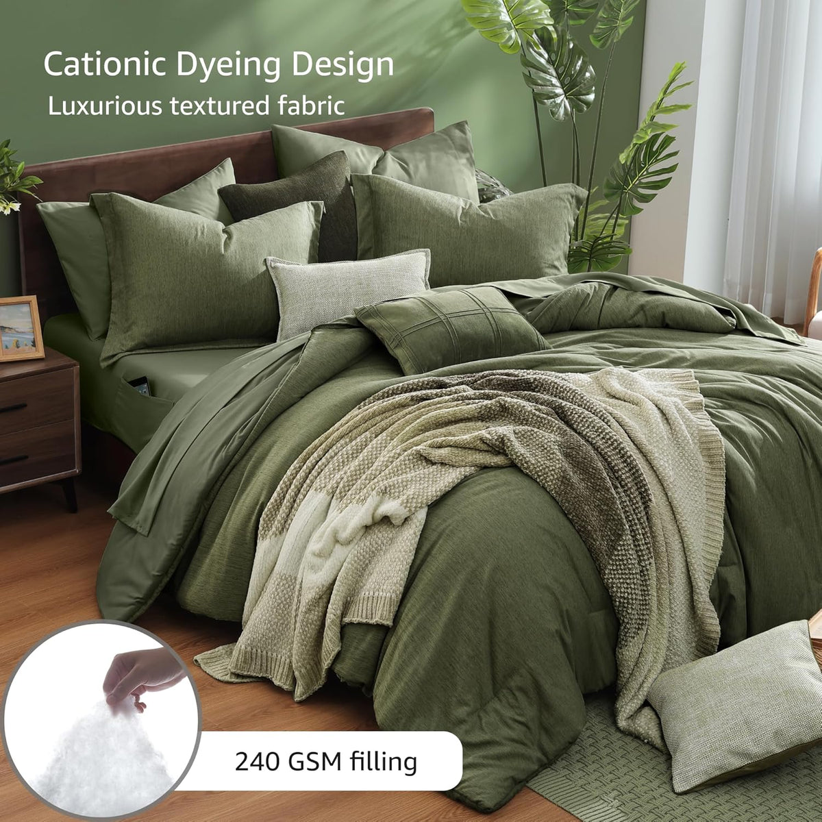 monbix king size comforter set olive green 7, side view
