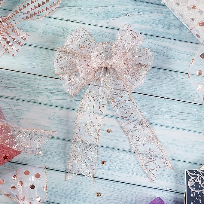 MEEDEE Floral 2.5 Inch Rose Gold Rose Wired Ribbon Wedding Bouquet Ribbons Rose - Image 5