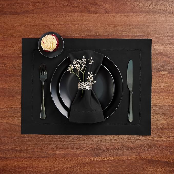 Home Ekaa Cotton Linen Dinner Napkins Set of 4 – Hemstitch Black Cloth Dinner - Image 3