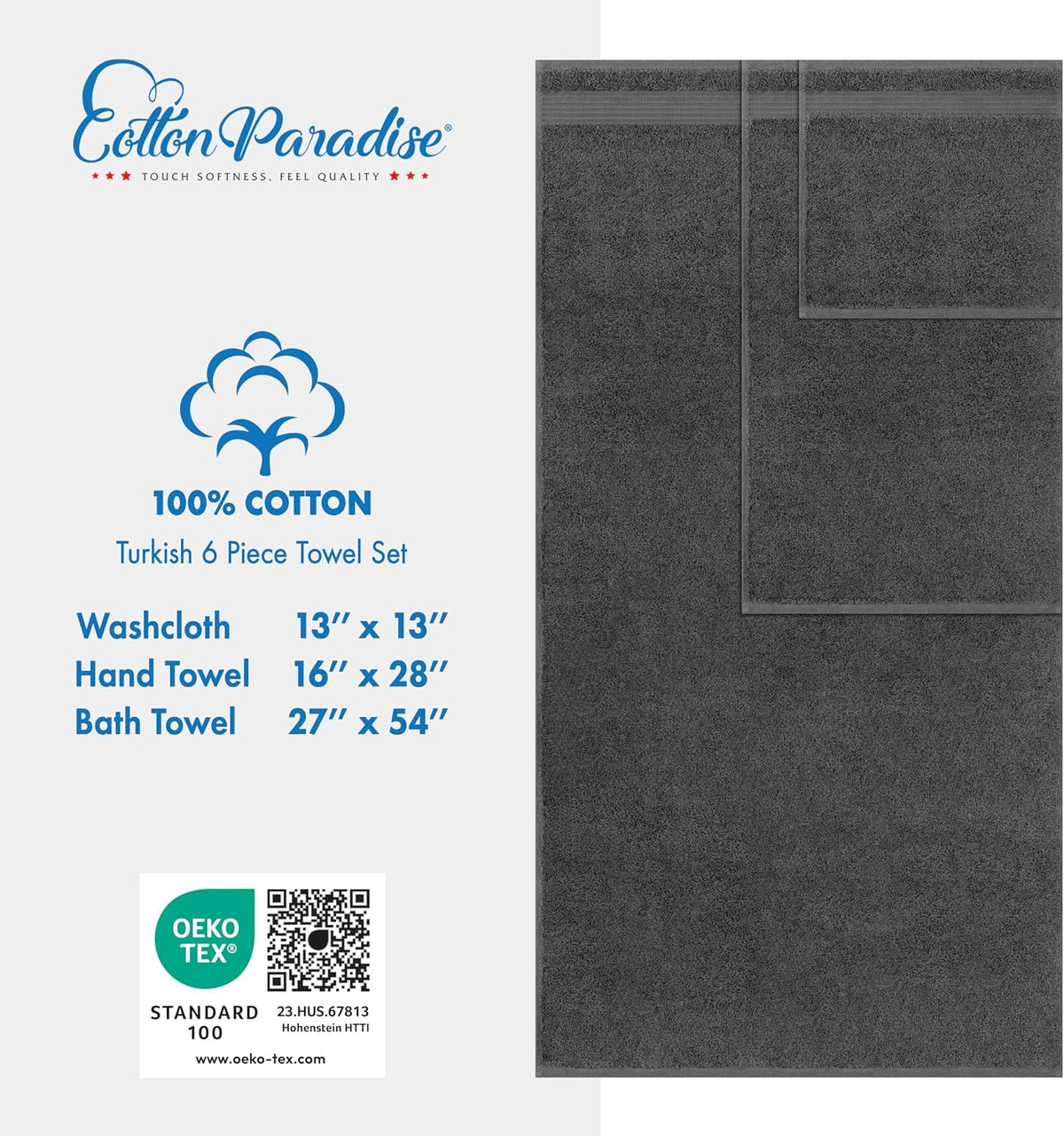 cotton paradise towel set of 6, 2 bath, side view