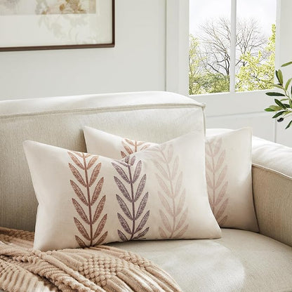 100% Cotton Farmhouse Leaves Lumbar Throw Pillow Covers Set of 2, 12x20 Inch by Unknown
