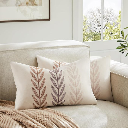 100% Cotton Farmhouse Leaves Lumbar Throw Pillow Covers Set of 2, 12x20 Inch by Unknown