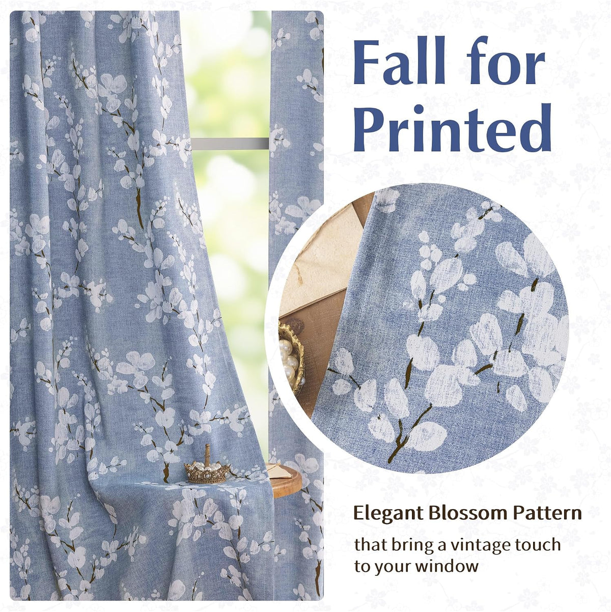 fmfunctex blue blackout floral curtains for bedroom, 63 showing dimensions