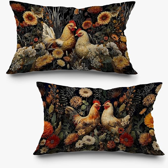 Vintage Moody Floral Chicken Pillow Covers 12x20 Set of 2, Chicken Lover Mom by Exqcom