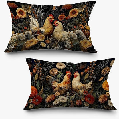 Vintage Moody Floral Chicken Pillow Covers 12x20 Set of 2, Chicken Lover Mom by Exqcom