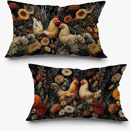 Vintage Moody Floral Chicken Pillow Covers 12x20 Set of 2, Chicken Lover Mom by Exqcom