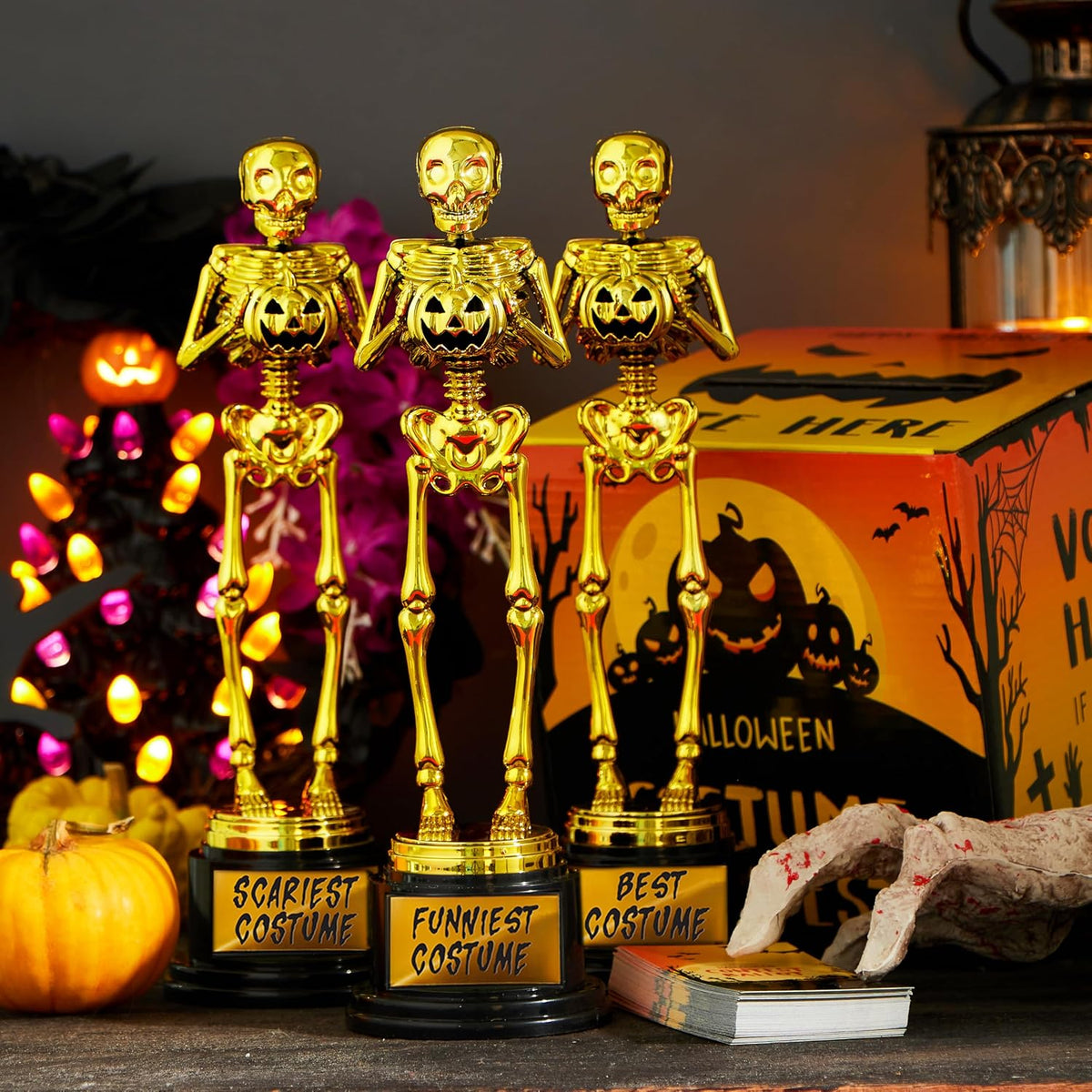 JOYIN Halloween Costume Contest Ballot Card Box, 4 PCS Trophy Awards Best Costume Skeleton, 50 PCS Voting Cards, Halloween Party Favor Supplies for Trick or Treating, Students Classroom Prize