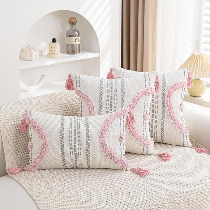 Boho Throw Pillow Covers 18x18 Set of 2 Cotton Woven Tufted Farmhouse Pillows - Image 6