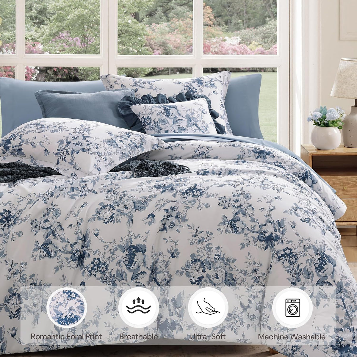 bloomhaven full size comforter sets-7 pieces blue floral showing dimensions