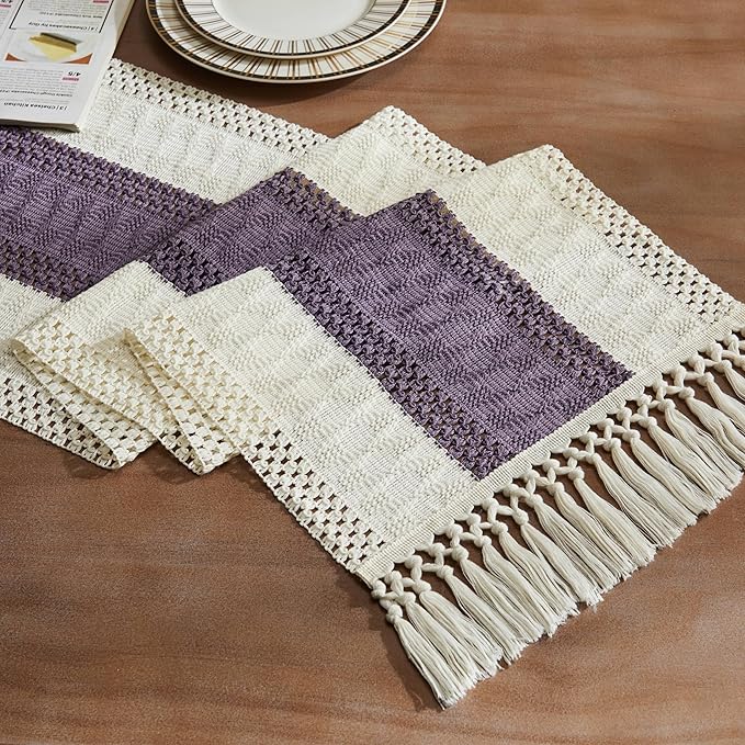 ZeeMart Macrame Style Bicolor Stitching Table Runner, 14 x 72 Inch Purple/Ivory by ZEEMARTONLINE