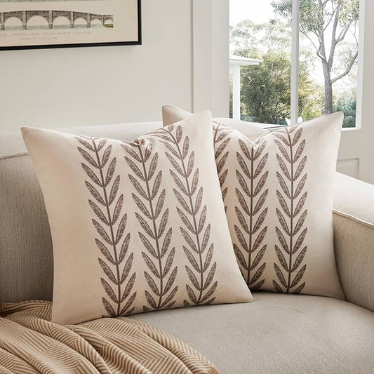 100% Cotton Farmhouse Leaves Throw Pillow Covers Set of 2, 22x22 Inch Chocolate by Unknown