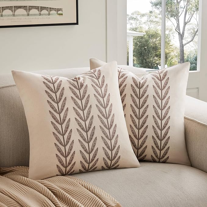 100% Cotton Farmhouse Leaves Throw Pillow Covers Set of 2, 18x18 Inch Chocolate by Unknown