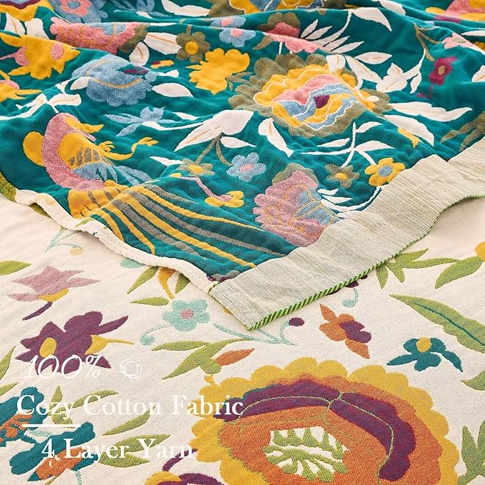 Boho Throw Blanket for Bed, 100% Cotton Soft Rustic Quilt Fall Blanket - Image 3