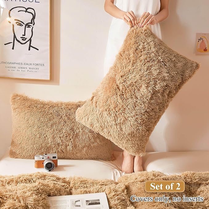 XeGe Faux Fur Throw Pillow Cases, Plush Shaggy Ultra Soft Pillow Covers - Image 2