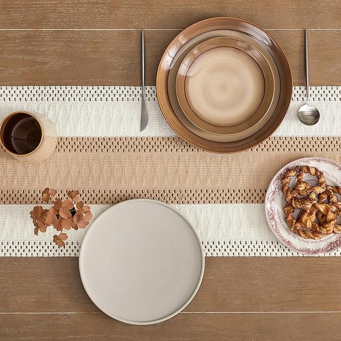 ZeeMart Macrame Style Bicolor Stitching Table Runner, 14 x 72 Inch Beige/Ivory - Image 5