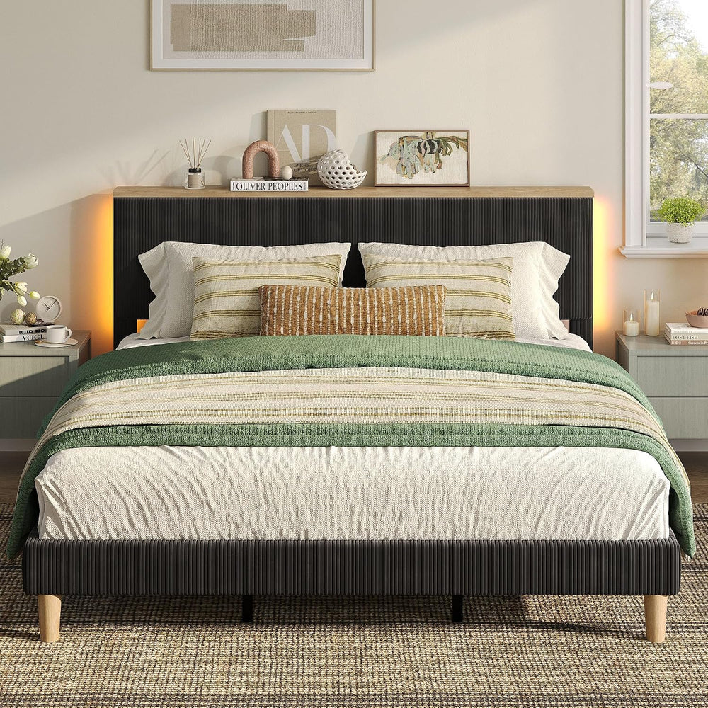Bestier King Bed Frame with Storage Headboard & LED, Upholstered, Black