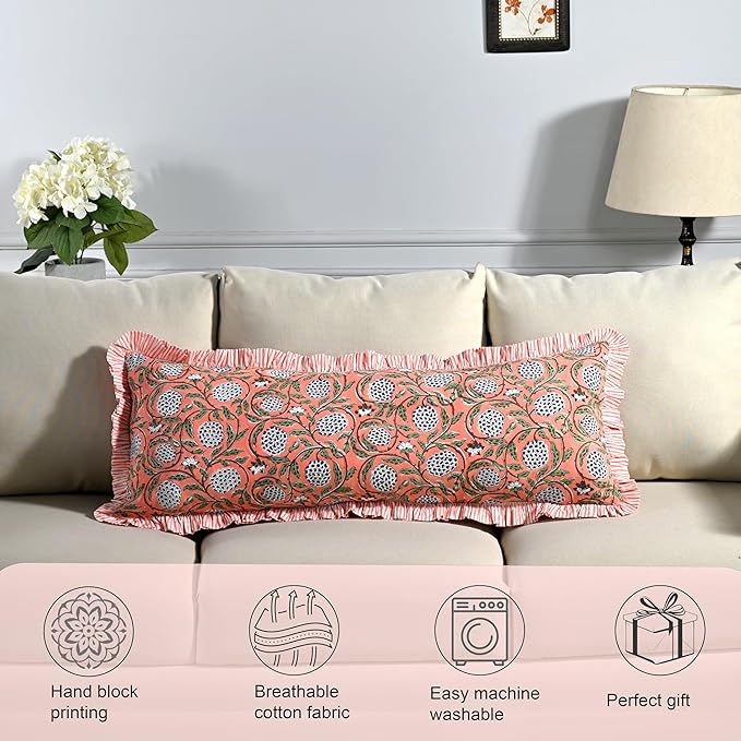 Ridhi Dark Salmon Pink 100% Cotton Block Print Ruffle Lumbar Sham Cover - Image 5