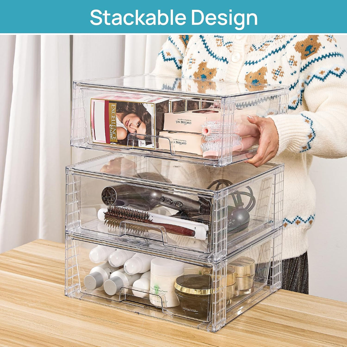 vtopmart 2 pack large clear stackable plastic storage shown in use