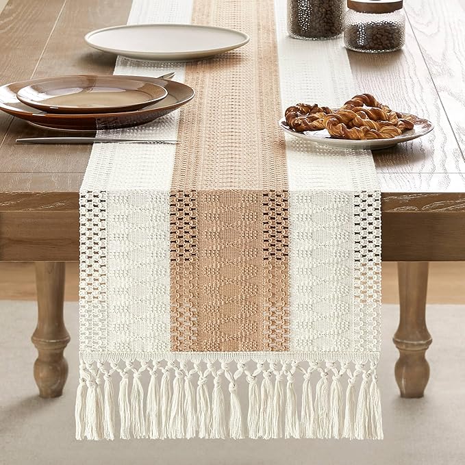 ZeeMart Macrame Style Bicolor Stitching Table Runner, 14 x 108 Inch Beige/Ivory - Image 2