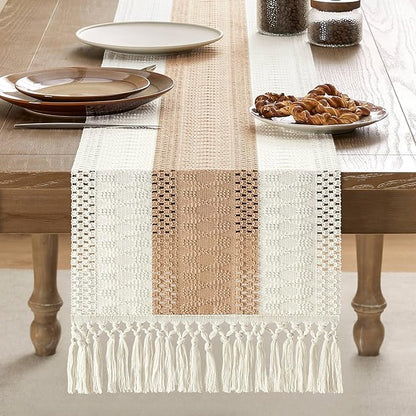 ZeeMart Macrame Style Bicolor Stitching Table Runner, 14 x 108 Inch Beige/Ivory - Image 2