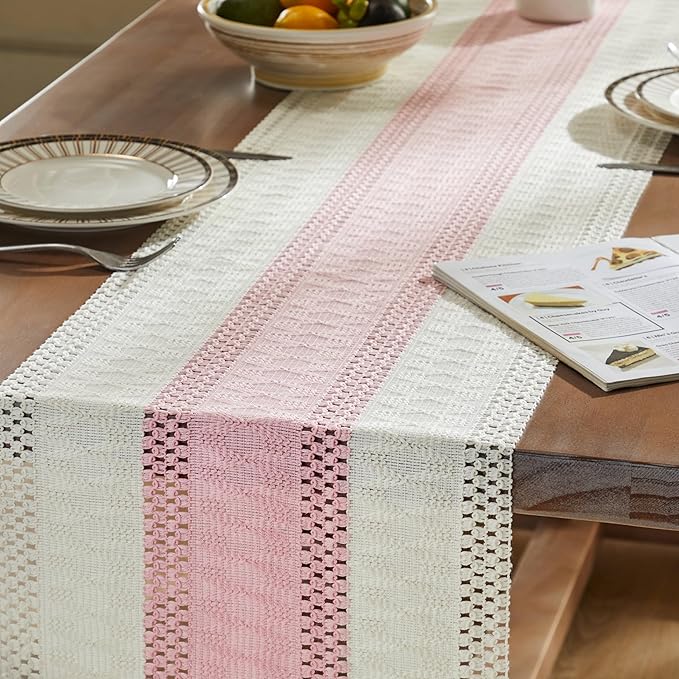 ZeeMart Macrame Style Bicolor Stitching Table Runner, 14 x 48 Inch Light - Image 5