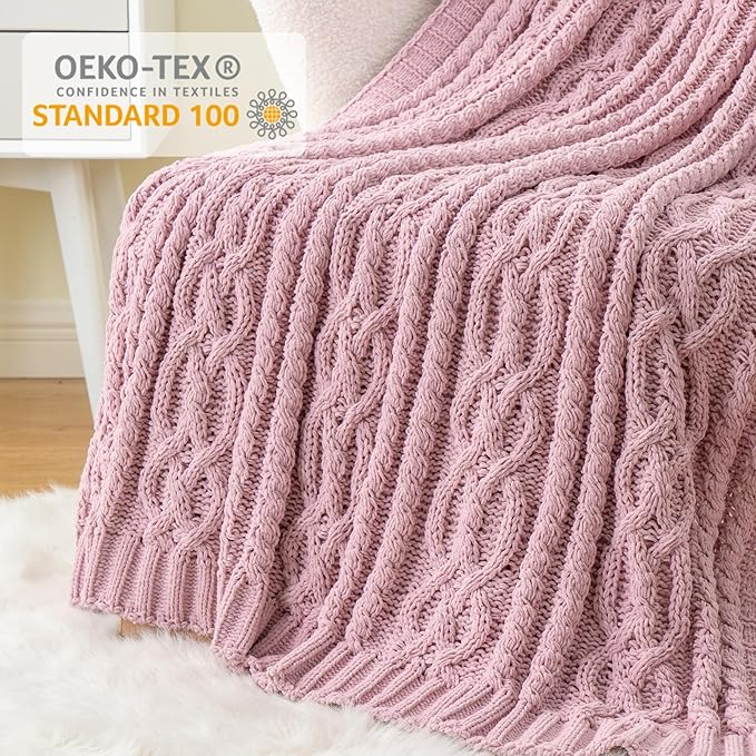 Battilo Pink Throw Blanket for Couch, Cable Knit Blanket, Soft Chenille Throw - Image 6
