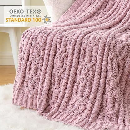 Battilo Pink Throw Blanket for Couch, Cable Knit Blanket, Soft Chenille Throw - Image 6