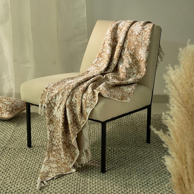 100% Pure Cotton Handblock Printed Throw Blanket, Soft 50" x 60" Fringed Floral by Unknown