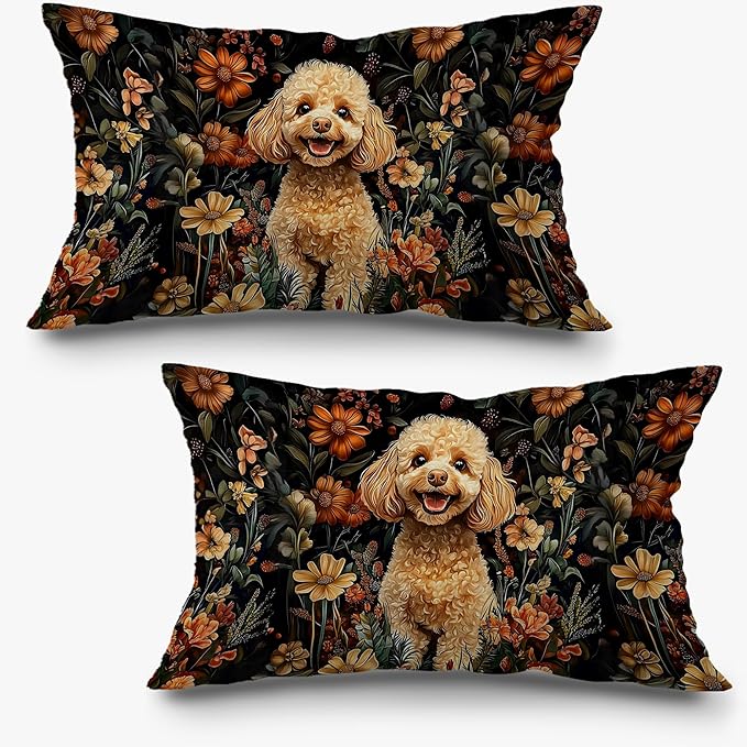 Moody Floral Poodle Pillow Covers 12x20 Set of 2, Poodle Gifts, Dark by Exqcom