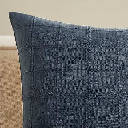 ZeeMart Linen Checked Throw Pillow Covers Set of 2, 16x16 Inch Navy/Cream - Image 2