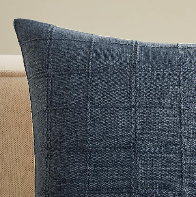ZeeMart Linen Checked Throw Pillow Covers Set of 2, 24x24 Inch Navy/Cream - Image 2