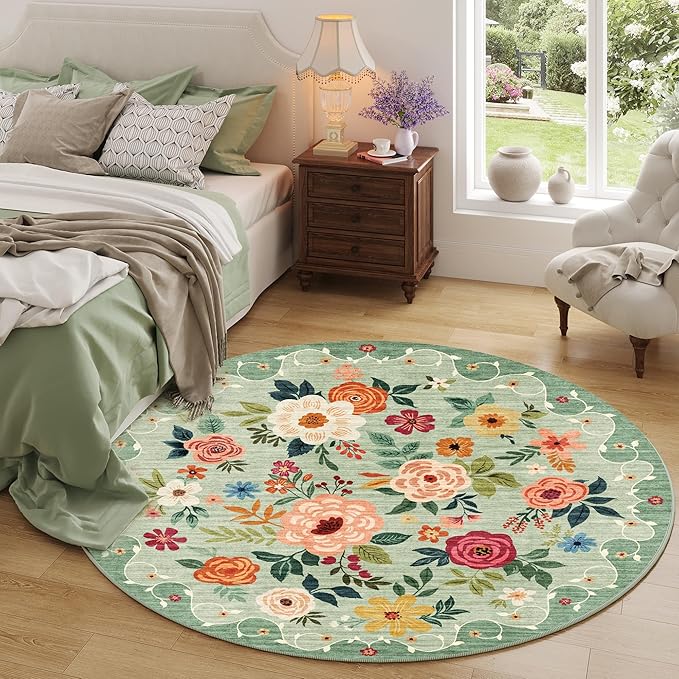DUKINO Floral Round Rug, 4ft Washable Round Area Rug, Non Slip Indoor Low Pile - Image 2