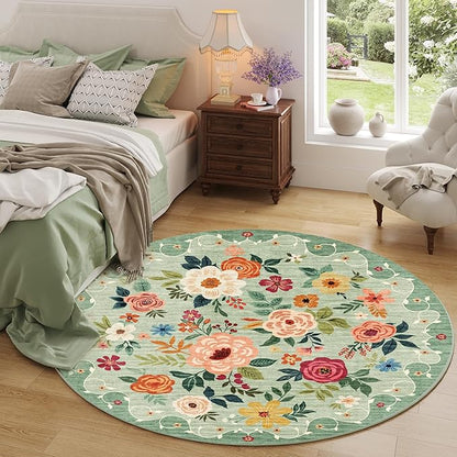 DUKINO Floral Round Rug, 4ft Washable Round Area Rug, Non Slip Indoor Low Pile - Image 2