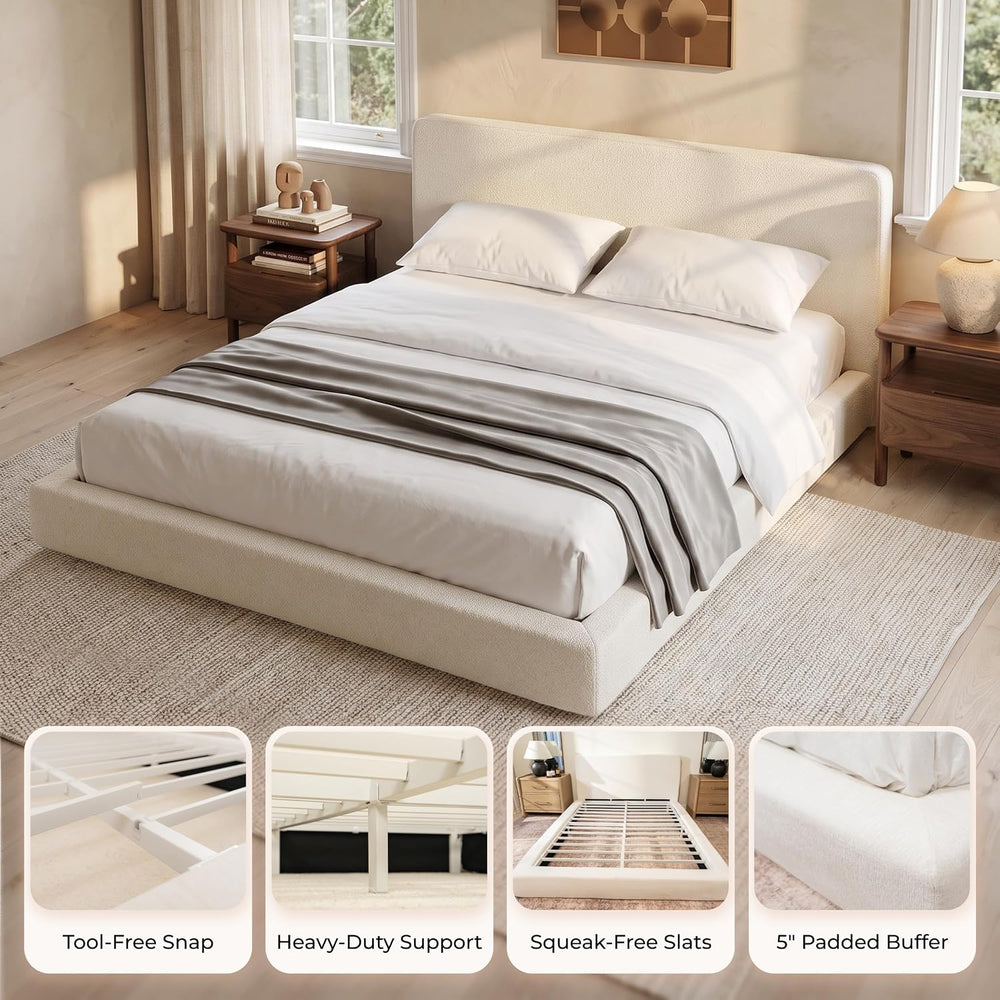 Full Size Cloud Bed Frame, White Upholstered Platform Bed Frame, Bed Base