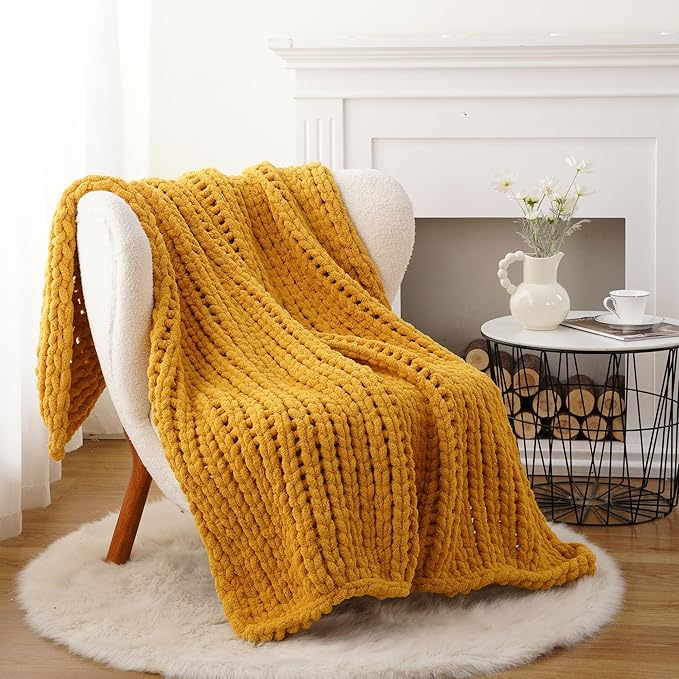 Battilo Mustard Yellow Chunky Knit Throw Blanket, Soft and Thick Chenille Throw - Image 3
