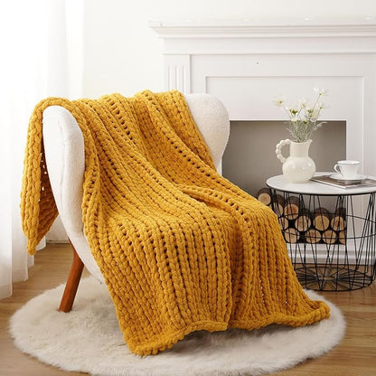 Battilo Mustard Yellow Chunky Knit Throw Blanket, Soft and Thick Chenille Throw - Image 3