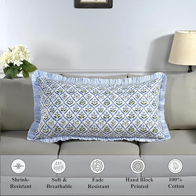 Ridhi Light Steel Blue 100% Cotton Block Print Ruffle Bed Sham Cover 20''×36'' - Image 6