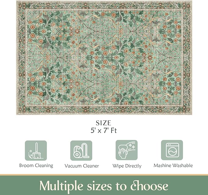 MUJOO Green 5x7 Area Rugs, Floral Washable Rug - Image 2