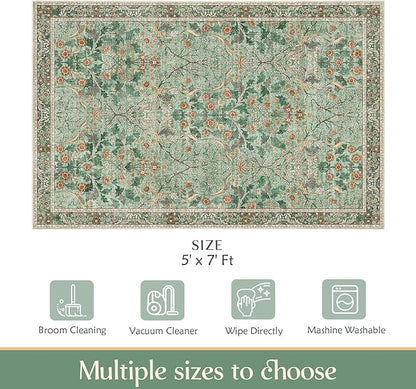 MUJOO Green 5x7 Area Rugs, Floral Washable Rug - Image 2