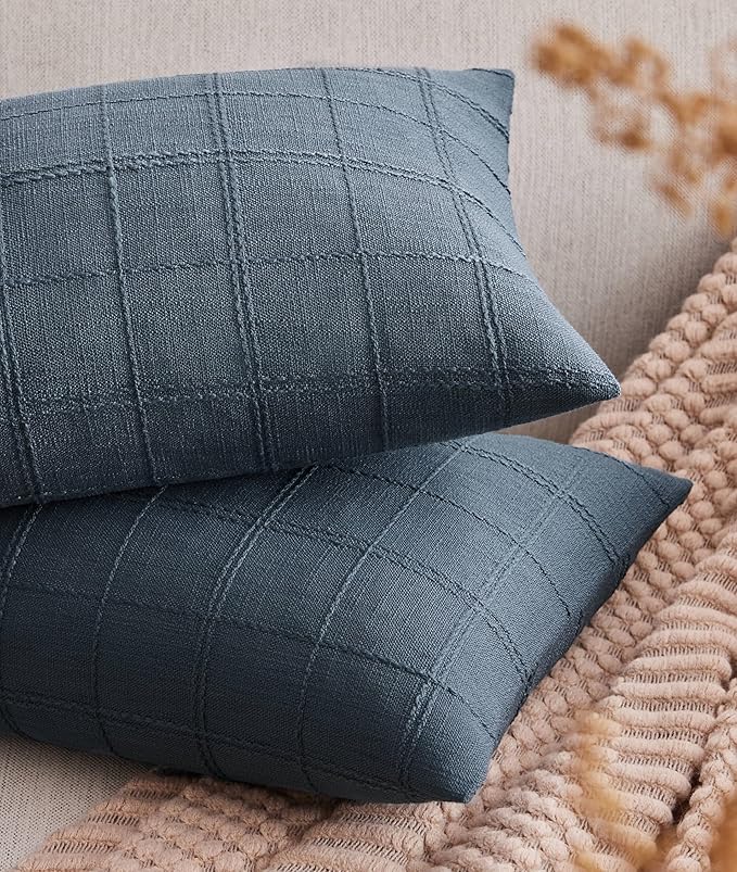ZeeMart Linen Checked Lumbar Throw Pillow Covers Set of 2, 12x20 Inch Allover by ZEEMARTONLINE