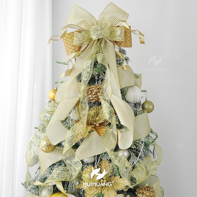 HUIHUANG Gold Glitter Wired Ribbon 4 inch - Image 3