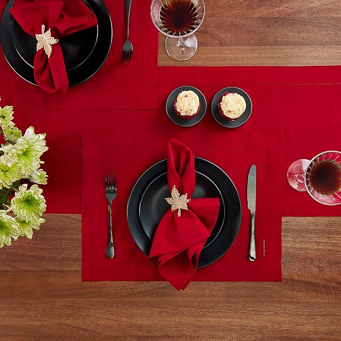 Home Ekaa Red Cotton Linen Dinner Napkins Set of 4 – Hemstitch Cloth Napkins - Image 3